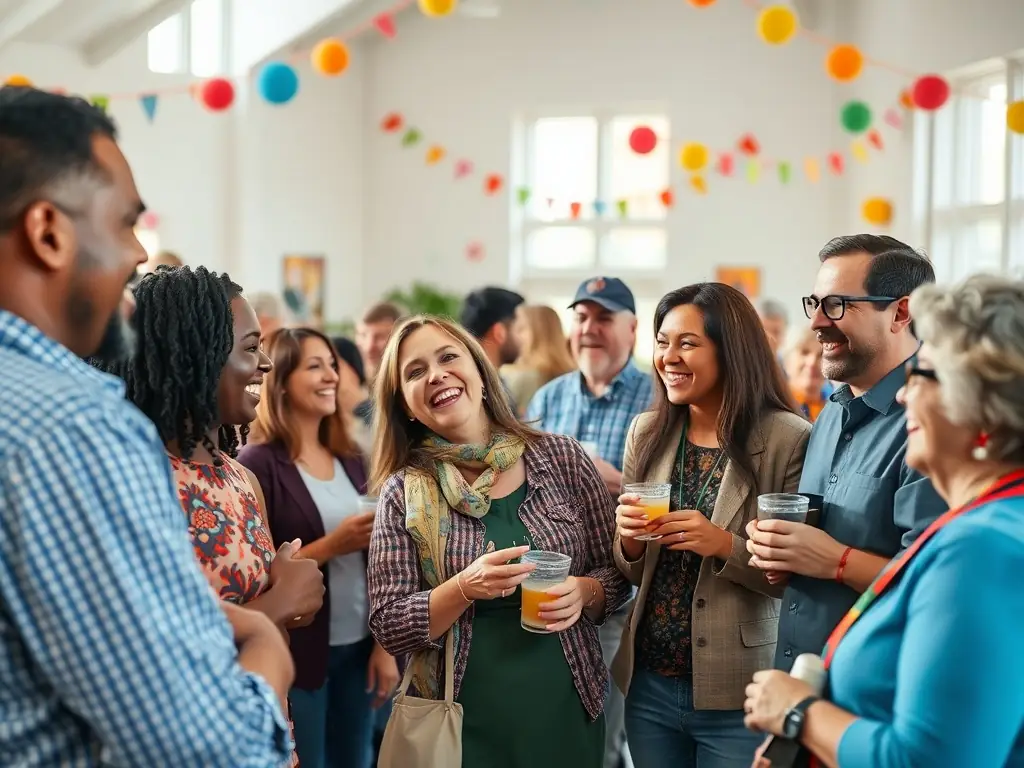 A photograph depicting a diverse group of people participating in a DEUX TEMPS ! cultural event, showcasing community engagement and interaction.