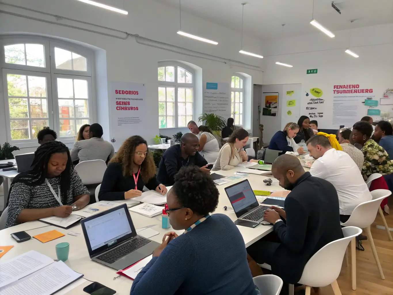 A photo of a DEUX TEMPS ! training session, showing participants actively learning new skills, with an instructor guiding them through the process.