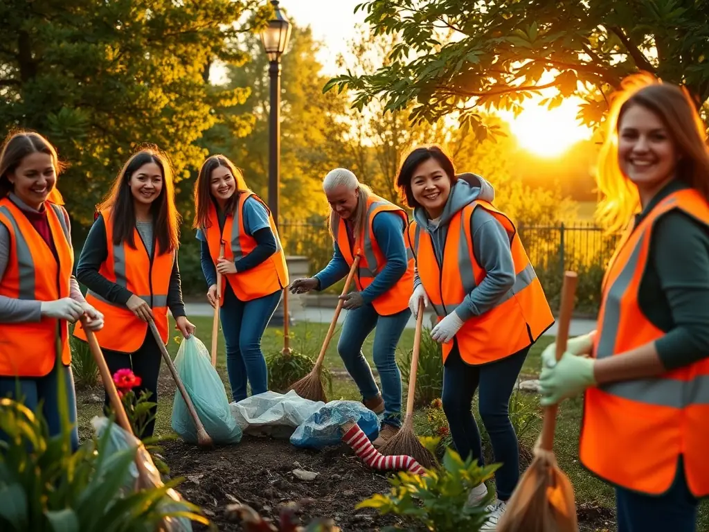 A photo of DEUX TEMPS ! volunteers working on a community project, such as cleaning up a local park or organizing a food drive, demonstrating their commitment to civic engagement.