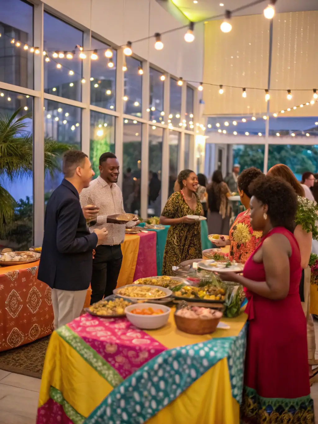 A photograph capturing a lively social event organized by DEUX TEMPS !, showing people from different backgrounds interacting and enjoying themselves, emphasizing the organization's role in fostering social cohesion.