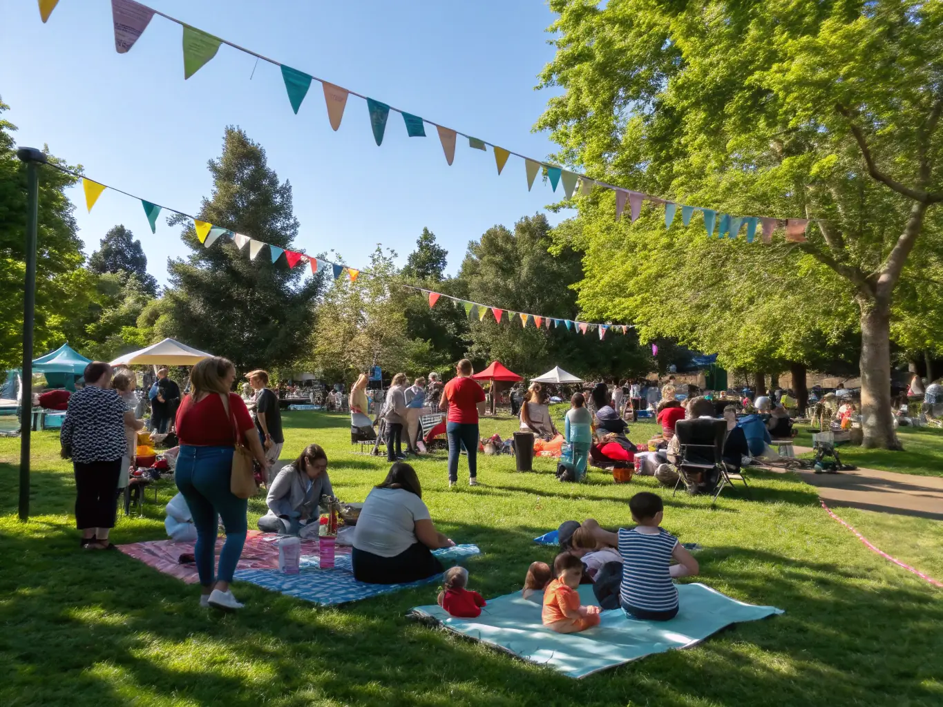 A vibrant photo of community members participating in a DEUX TEMPS ! cultural event, showcasing diverse ages and backgrounds, with smiles and engaged expressions.