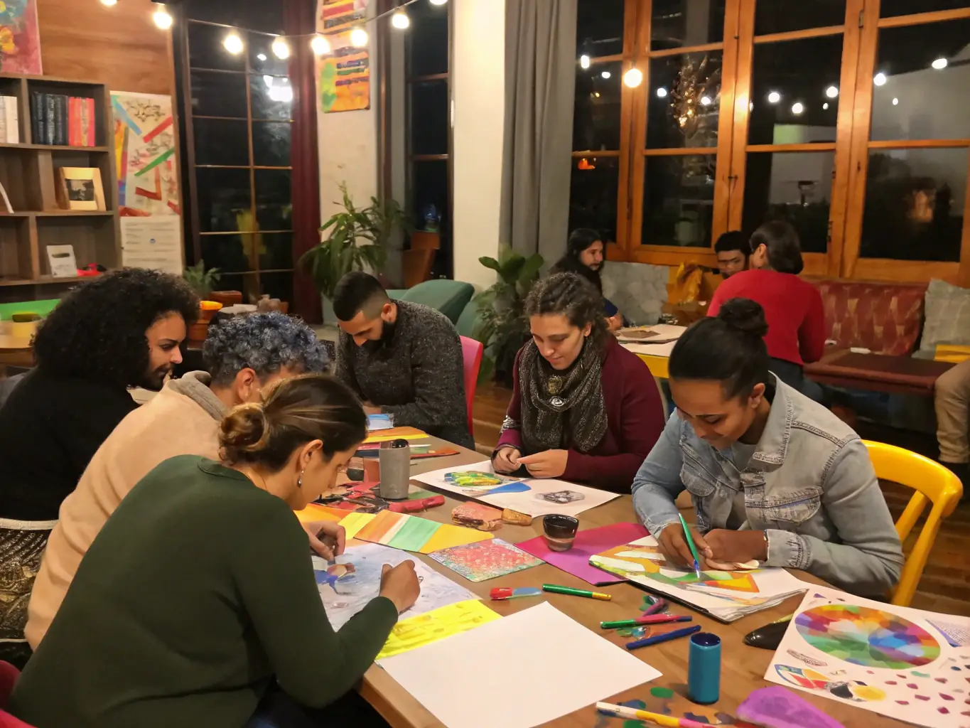 A vibrant image depicting a group of diverse individuals participating in a cultural workshop, showcasing the inclusive nature of DEUX TEMPS !'s programs.