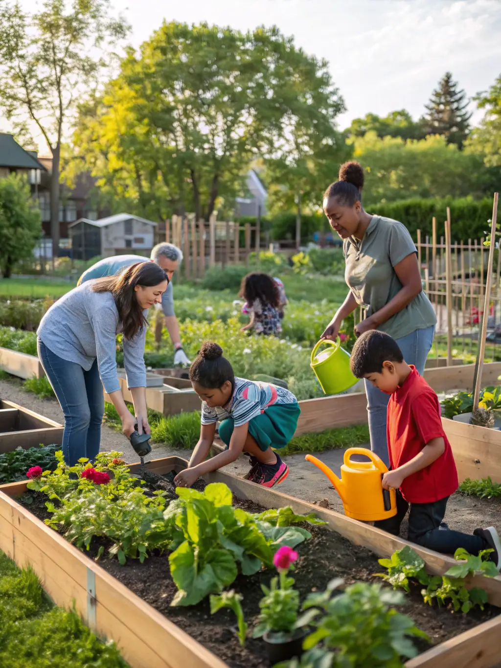 A vibrant scene of a community garden project, with volunteers of different backgrounds working together, illustrating DEUX TEMPS !'s commitment to social engagement and environmental awareness.