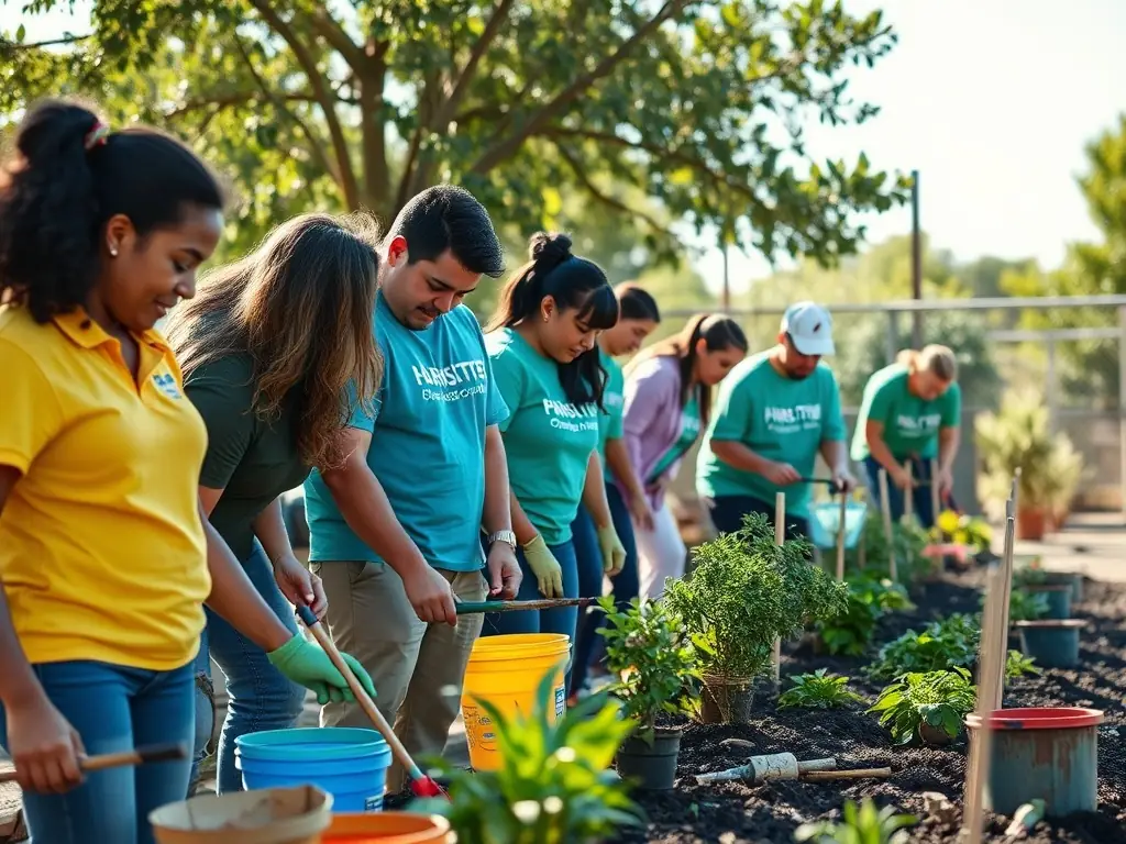 A photo of volunteers working together on a DEUX TEMPS ! community project, emphasizing the organization's role in encouraging civic engagement.